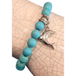 8mm Turquoise Round Beads with Silver Dolphin Charm Beaded Stretch Bracelet